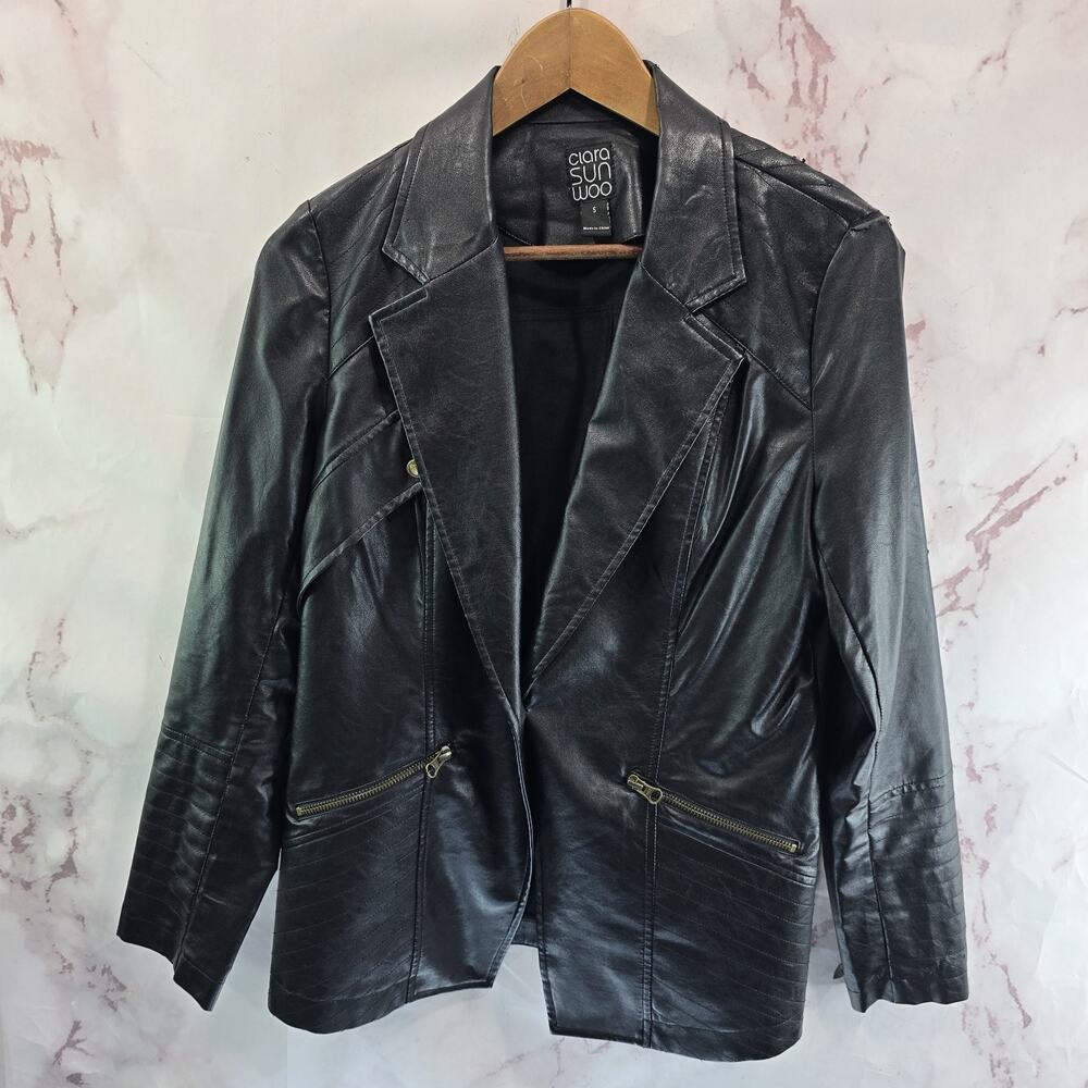 Clara Sun Woo Jacket Womens Small Black Blazer Faux Vegan Leather Moto